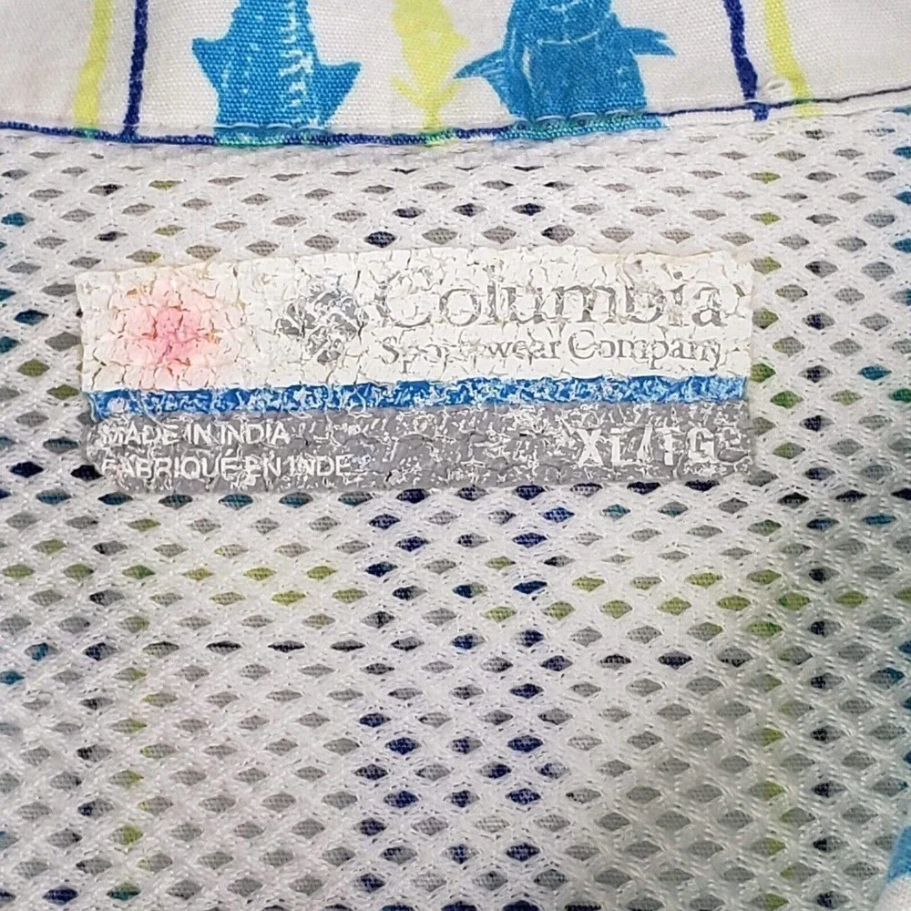 Columbia PFG Shirt Men Size XL Yellow Blue Fish Plaid Vented Short Sleeve Button